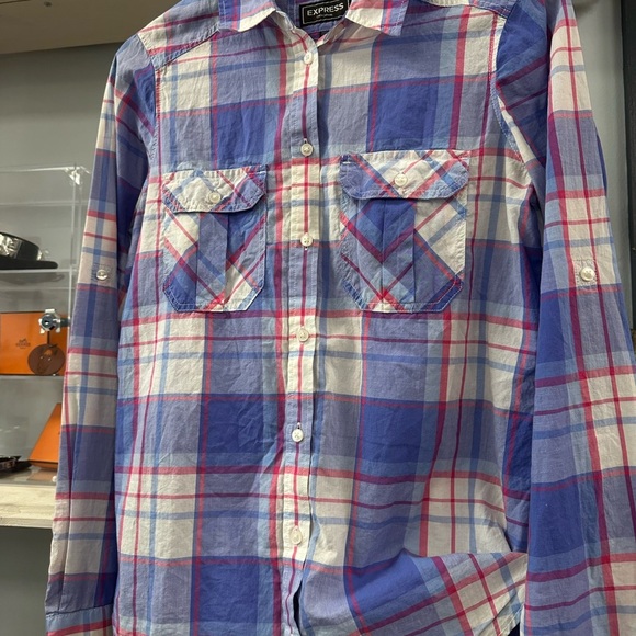 Express Blue Pink Plaid Button Down Shirt - Picture 6 of 6